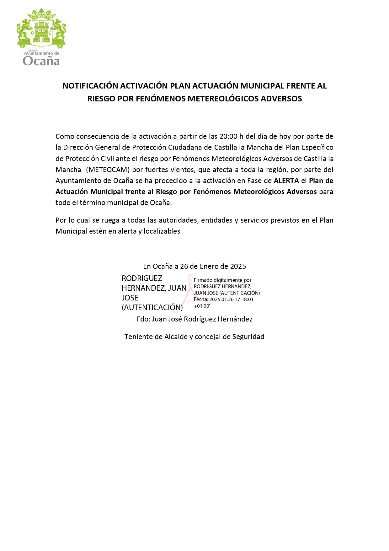 Notificación activación plan actuación